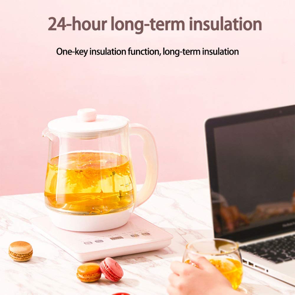 Teteras, Tetera Eléctrica, 1.8L de Té Eléctrico de Vidrio con Filtro, Tetera Inalámbrica con Control de Temperatura, Apagado Automático Y Protección Seca por Hervir, 800W/Rosado