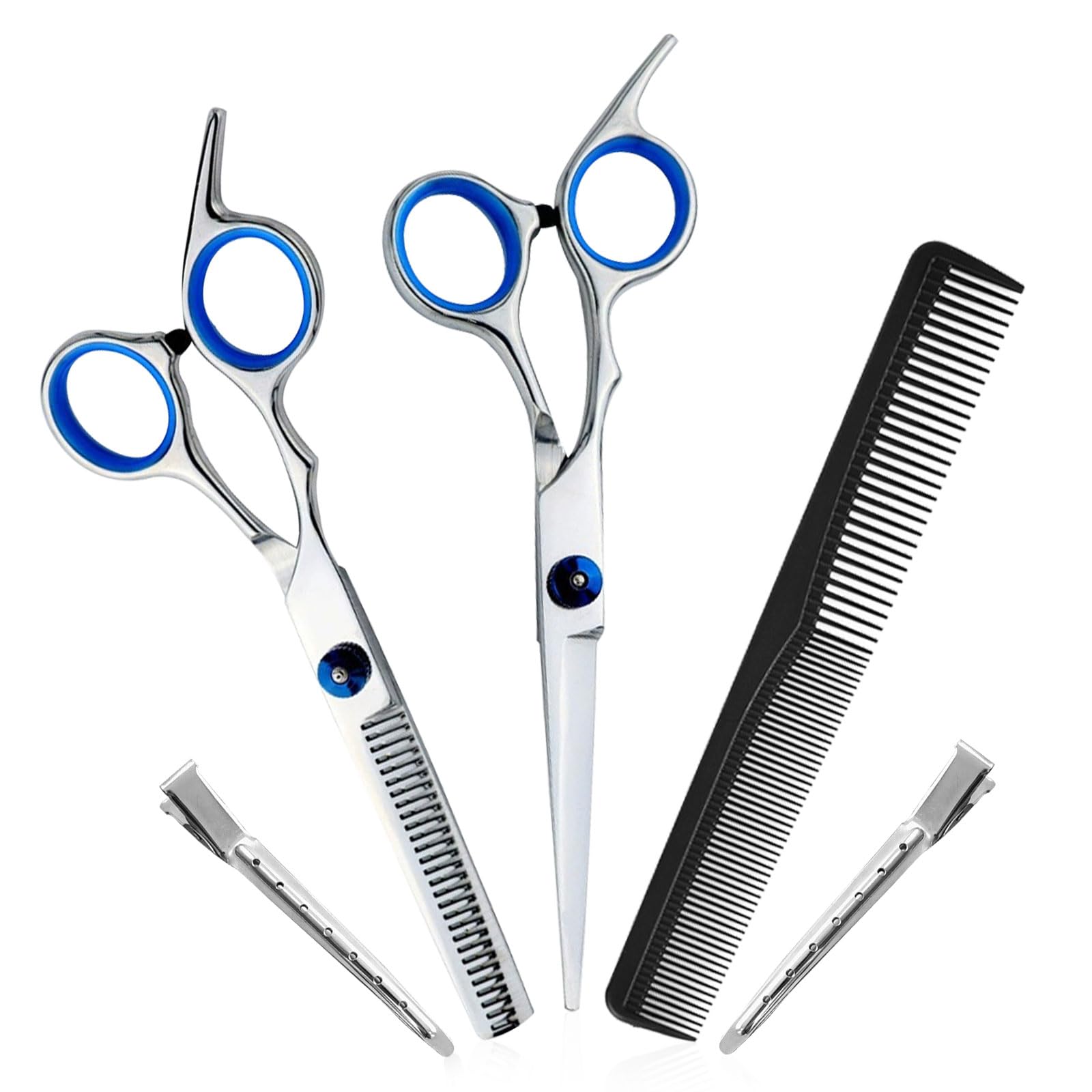 EUPSIIU 5 Piezas Tijeras Peluqueria Tijeras Profesionales, Tijera Entresacar Peluquero Acero Inoxidable, Tijeras Cortar Pelo, Tijeras Set de Peluqueria, para Corte de Pelo Bricolaje (Plata)