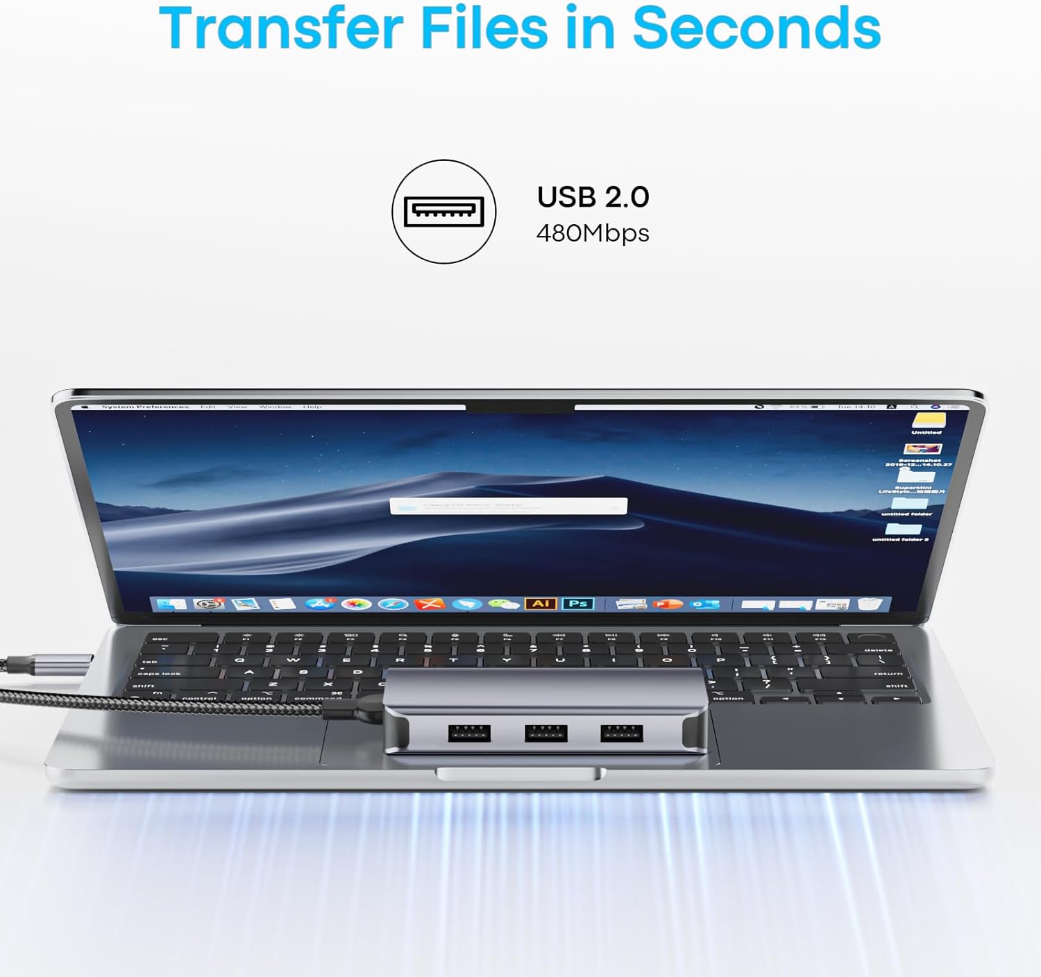 Laptop with UANTIN USB C Hub showing USB 2.0 data transfer