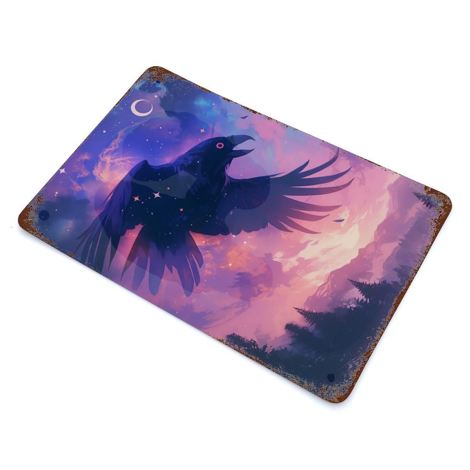 Raven in Starry Sky Decorative Tin Sign 11.8"x7.9", Old School Wall Decor for Garage, Pub Or Kitchen