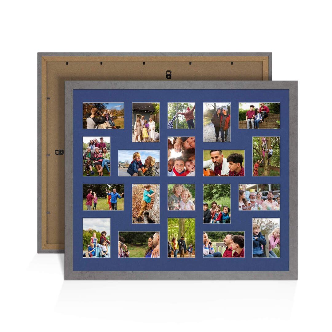 Procut Global 80X70CM Marble Grey Photo Frames For Multiple Pictures with Blue Mount-Modern Collage Frame with 20 Apertures (18x) 6x4, (2x) 4x4-Engineered Wood with Shatterproof Perspex