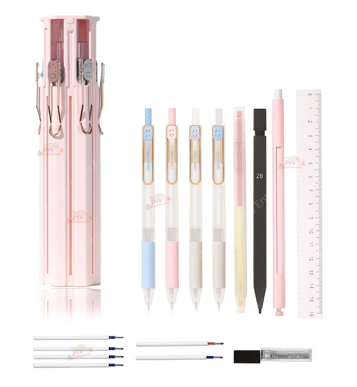 Multifunctional Portable Pencil Case with 4 Pen Push-Pull Stationery Box Set, Ruler, Pencil, Eraser, Pen Case - Multicolor (6 in1 Pen & Pencil Case)