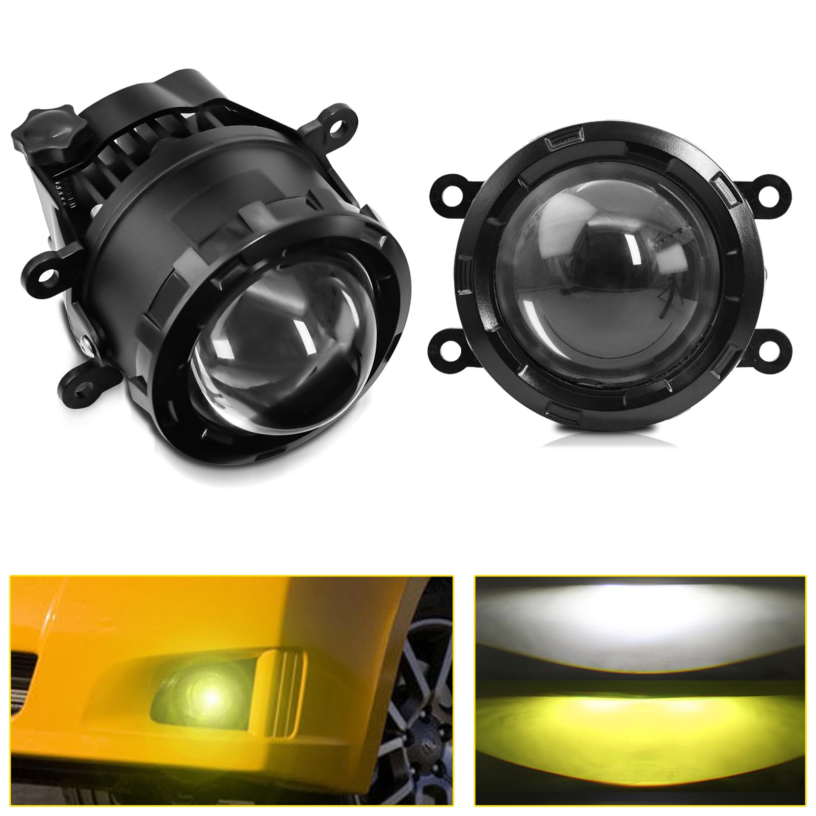 Shkalacar 2 Faros Antiniebla LED de 3 Pulgadas, Lente de Proyector LED Universal para Coche con Luz Blanca de 5500K y luz Amarilla de 3000K, Luz antiniebla LED
