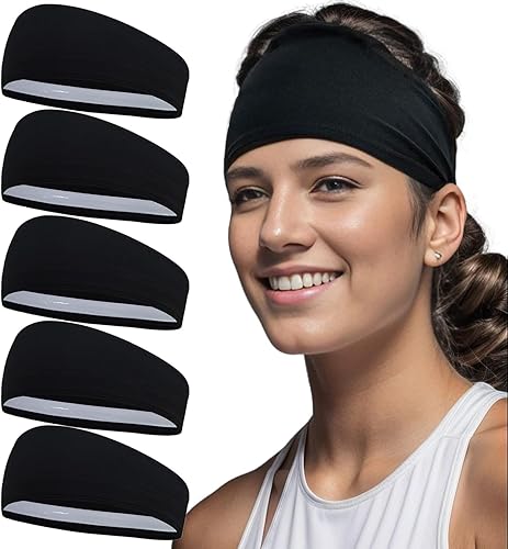 Diadema negra de entrenamiento para mujer con agarre de silicona (paquete de 5) banda de sudor antideslizante para correr, ejercicio, gimnasio, yoga