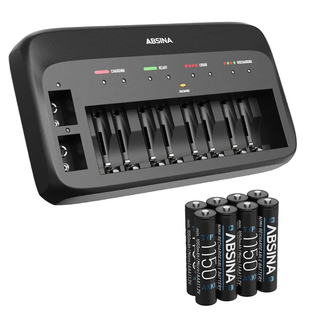 ABSINA Ładowarka do akumulatorów X10 do AA, AAA i 9 V – ładowarka do akumulatorów w zestawie 8 x baterie AAA 1150 – ładowarka NiMH 10-drożna do wielokrotnego ładowania Micro AAA, Mignon AA i 9 V