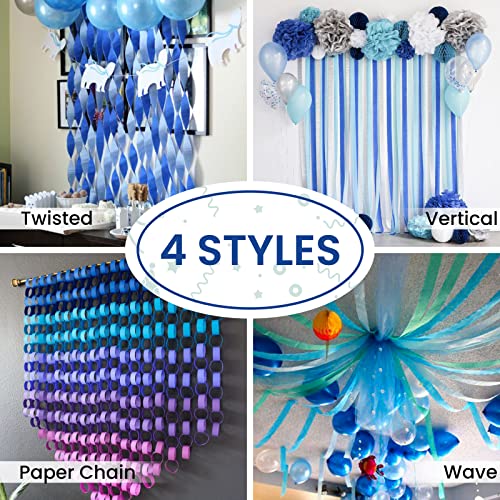 Image of PartyWoo Crepe Paper Streamers 6 Rolls 492ft, Pack of White, Silver, Royal Blue, Light Blue Party Streamers for Birthday Decorations, Party Decorations, Wedding Decorations (1.8 Inch x 82 Ft /Roll)
