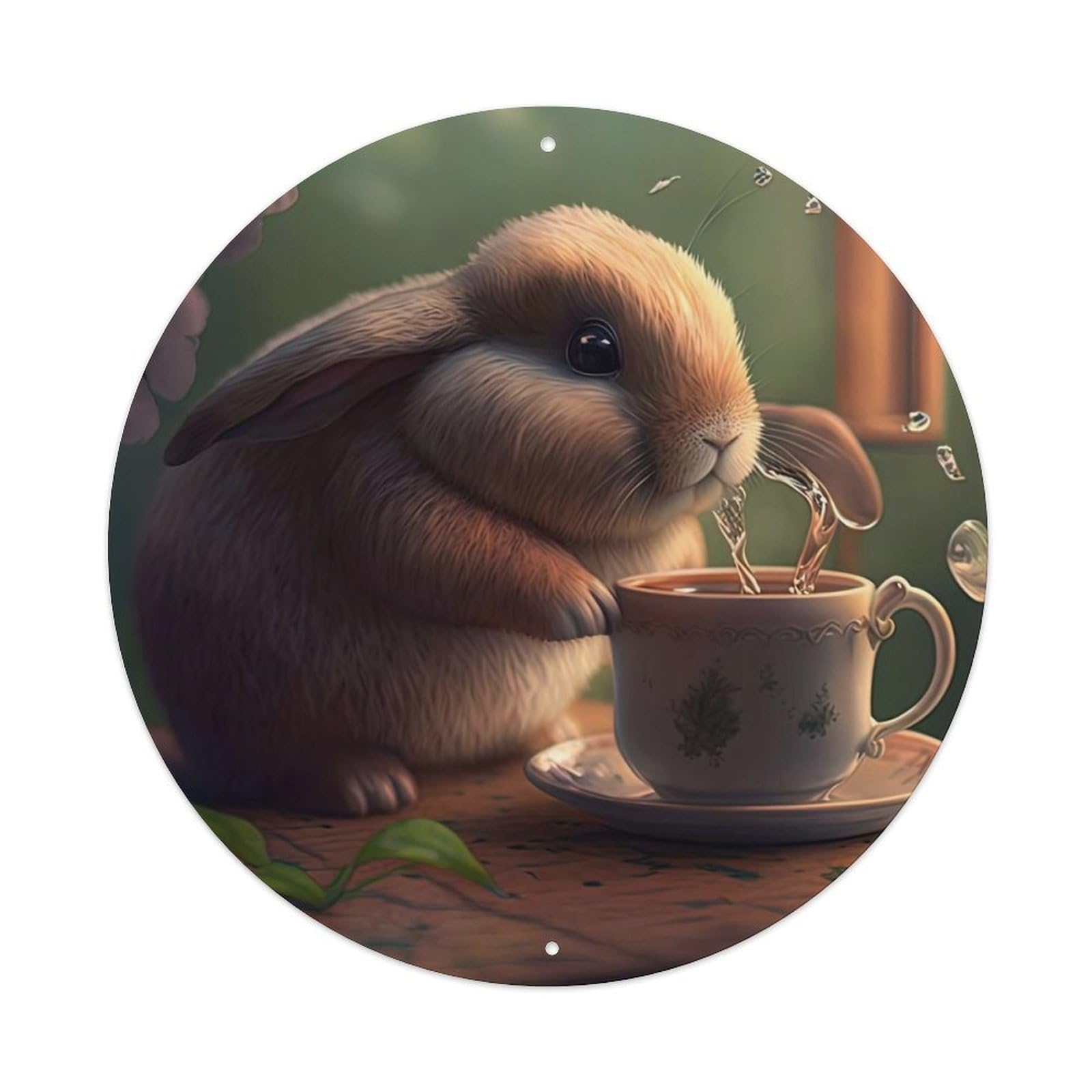 Animal Artwork Rabbit Looking at Tea Cup Vintage Metal Tin Sign Plaque Wall Decor for Cafe, Club Bar, Office, Garden Metal Poster 8x8Inch