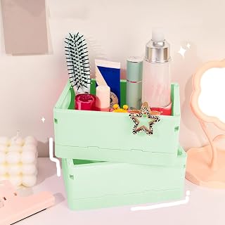 1 Pack Green Mini Plastic Folding Storage Crate - 6.53x4.84x2.87-inch Square Storage Basket for Desktop, Drawer, Bathroom, Bedroom, Office & Classroom Organization (Decorative Organizer)