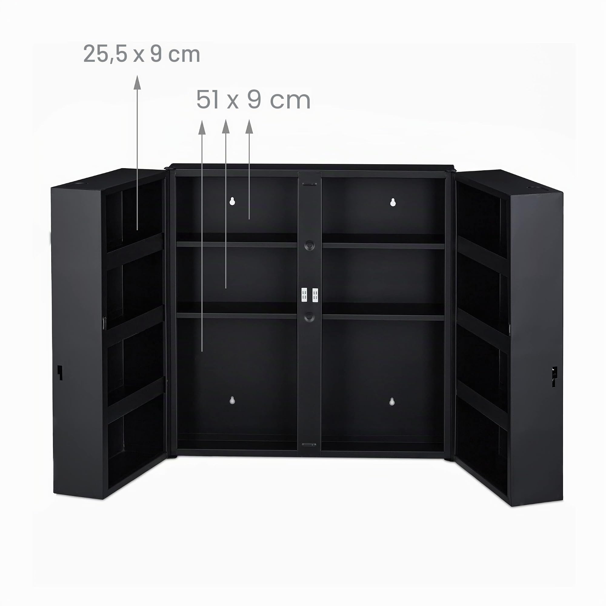 Relaxdays Armario Botiquín XXL Cerradura, 11 Compartimentos, Acero, 53,5x53x19 cm, Caja Medicinas 2 Puertas, Antracita