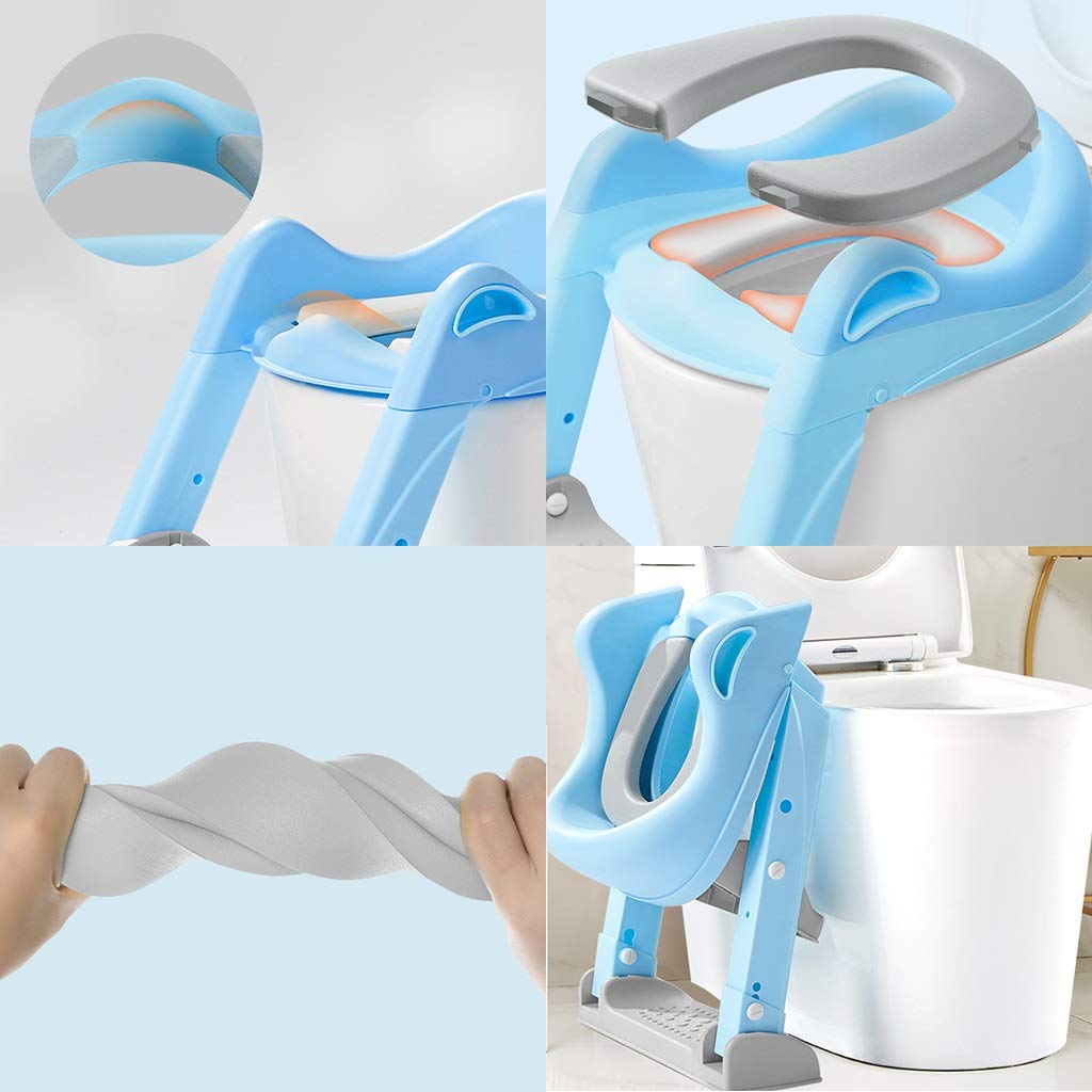 Toilette Töpfchen mit Trittleiter, Ergonomie Sicher Robust Anti-Rutsch Töpfchentrainer Mit Weich Sitzbezug Einstellbar Falten Fußbank Zum Bad Unisex-Kleinkind