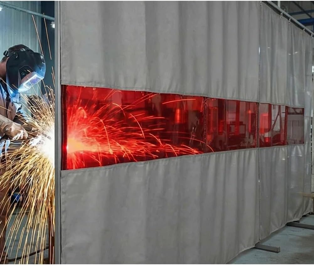 Welding Screens Divider Curtain, Silicone Coated Welding Blanket with Red Viewing Window, Heavy Duty Industrial Fireproof Partition Panel for Workshop(5X3 M)