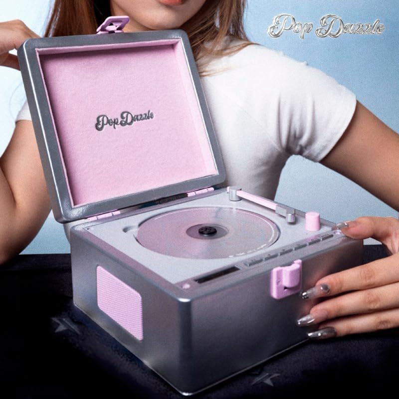 TINYL PopDazzle Futuristic Silver CD Player with Bluetooth Speakers, Cyber Retro Y2K Portable Rechargeable Music Player with Photocard Display, Cool Metallic Desktop Audio