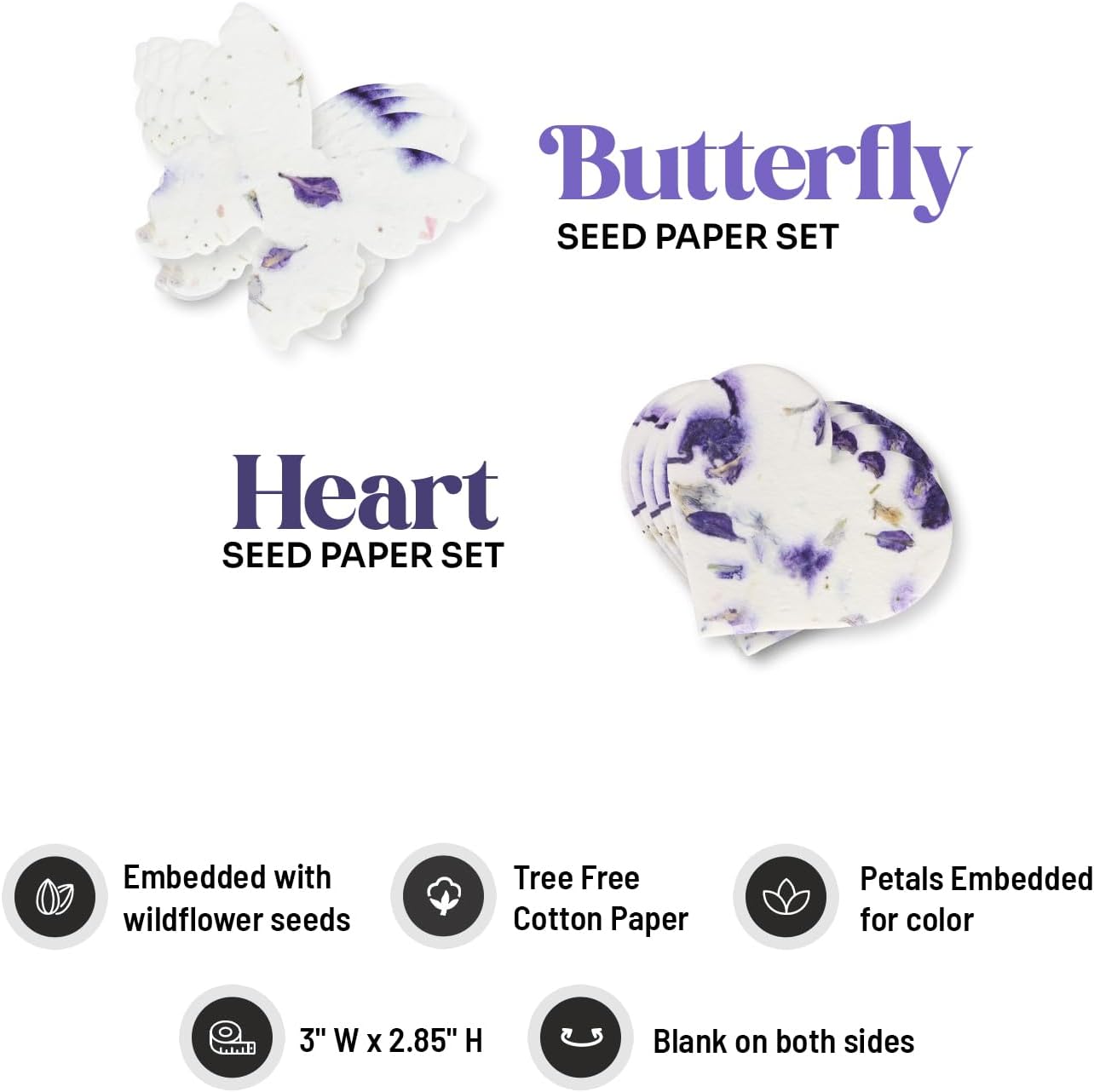 Set of 24 Purple Heart and Set of 24 Purple Butterfly - Plantable Seed Paper Embedded with Wildflower Seeds for Bridal Shower, Wedding Gift, Birthday, & Other Milestone Celebrations
