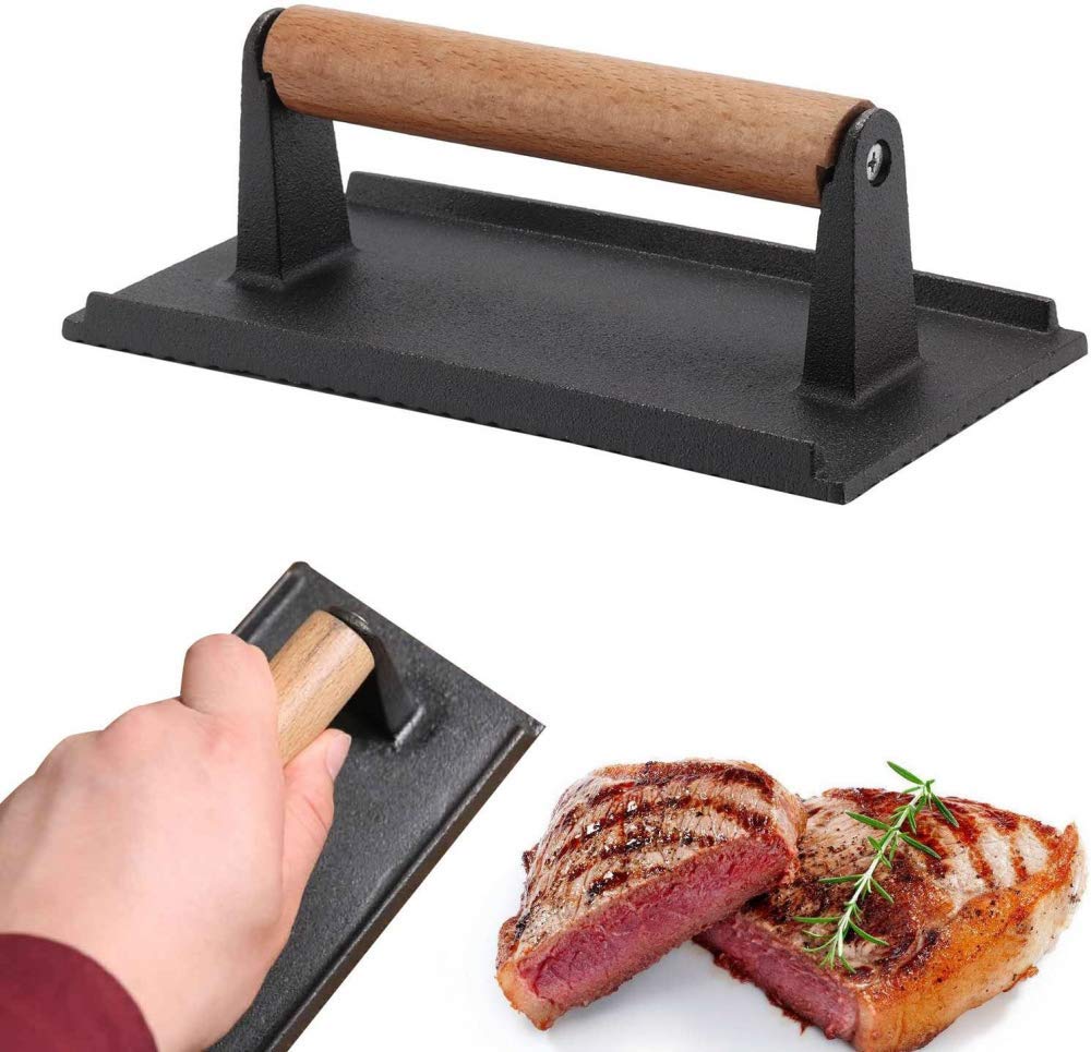 Gusseisen rechteckige Speck-Fleischpresse Grill BBQ Hamburger Steak Gewicht Fleischpresse für Heimküche Schwarz