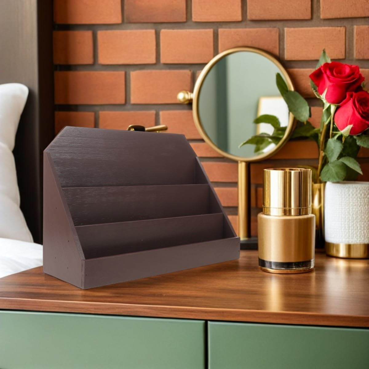 Abaodam Tarjetero de Mesa de Madera Café, Soporte Vertical de 3 Niveles | Tarjetas de Visita y Negocio, Diseño Divisor Multinivel, Formato Compacto para Escritorio y Oficina