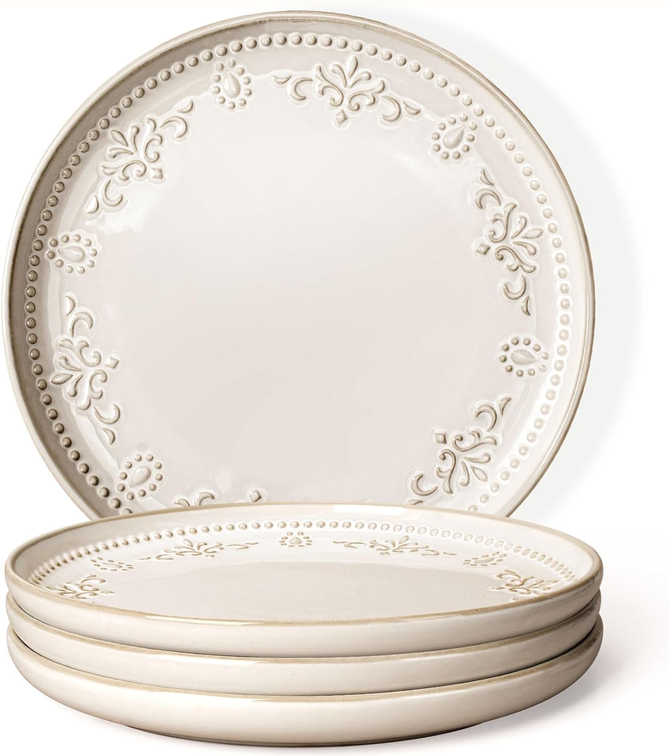 Artena Large Ceramic Dinner Plates Set Of 4, 10.75 Inch Embossed Kitchen Salad Plates, Modern Serving Plates For Restaurant, Plates With Lipped Edges, Microwave Dishwasher Safe (Damask Floral)