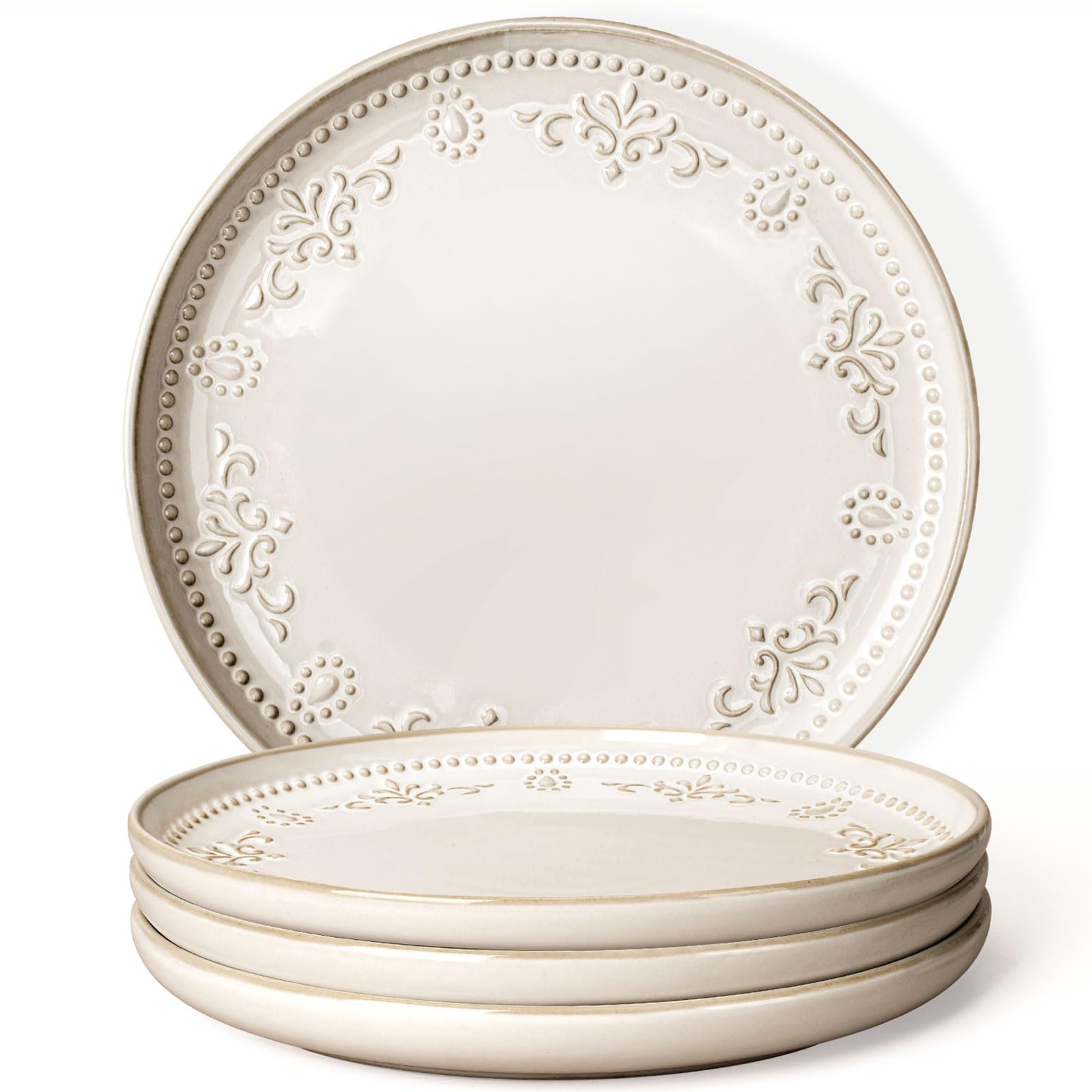 Artena Large Ceramic Dinner Plates Set Of 4, 10.75 Inch Embossed Kitchen Salad Plates, Modern Serving Plates For Restaurant, Plates With Lipped Edges, Microwave Dishwasher Safe (Damask Floral)