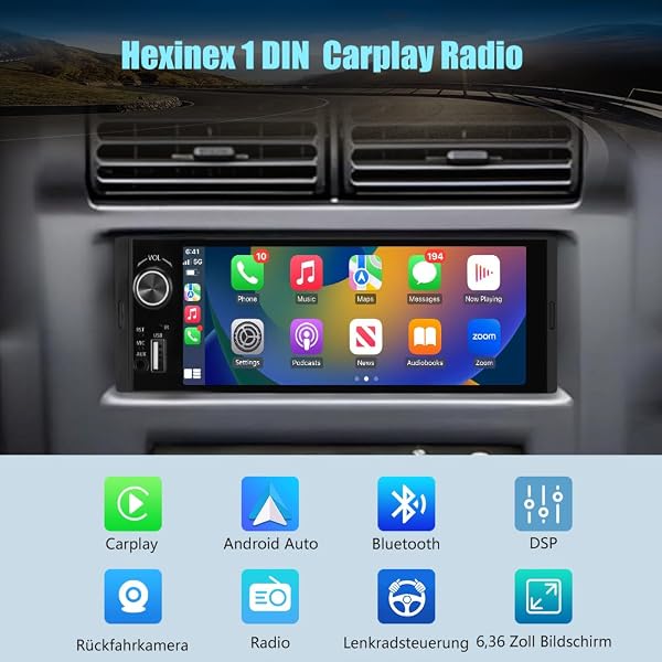 Junsun 1-DIN Autoradio mit 6,36 Zoll IPS-Touchscreen CarPlay & Android Auto, Lenkradsteuerung, Rückfahrkamera-Anschluss, USB, externes Mikrofon & RDS - 2