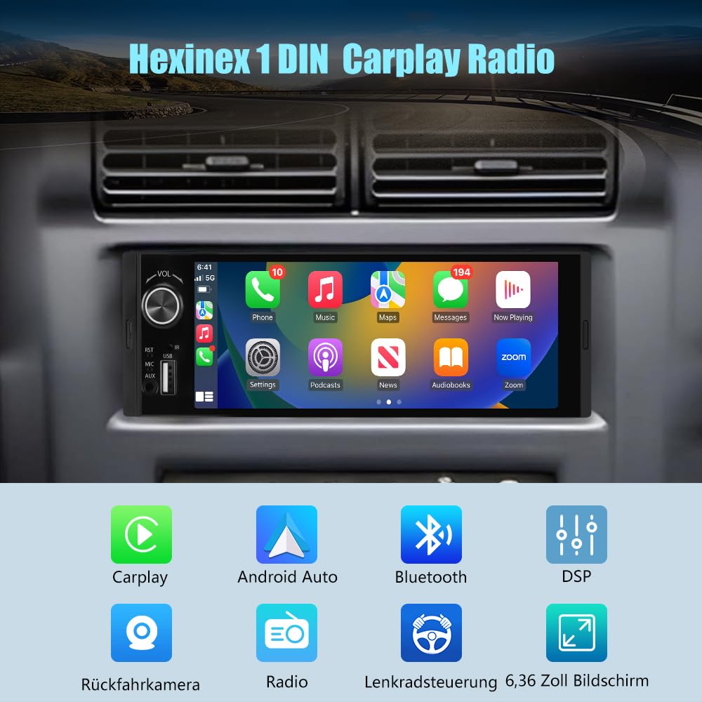 Junsun 1-DIN Autoradio mit 6,36 Zoll IPS-Touchscreen CarPlay & Android Auto, Lenkradsteuerung, Rückfahrkamera-Anschluss, USB, externes Mikrofon & RDS