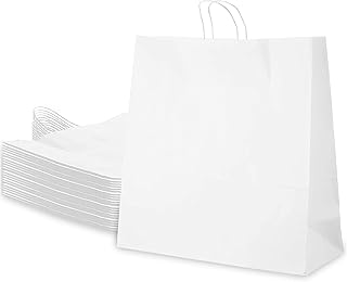 Large White Kraft Paper Bags with Handles 13x7x17 inches, Shopping, Gift Bags, Party, Retail, Merchandise, Lunch Bags, Grocery Bags, Strong, Reusable, Durable, Ecofriendly (100)