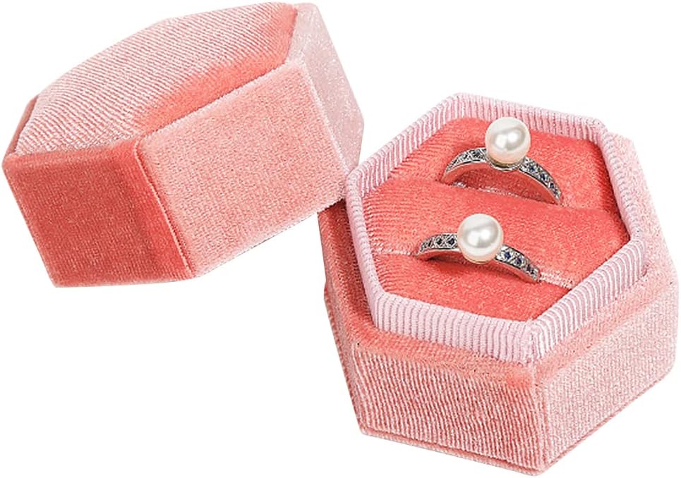 Hexagon Double Ring Box, Mini Double Ring Slot Bearer Case, Premium Gorgeous Vintage Display Holder with Detachable Lid for Proposal, Engagement, Wedding Ceremony, Photoshoots, Pink image 3