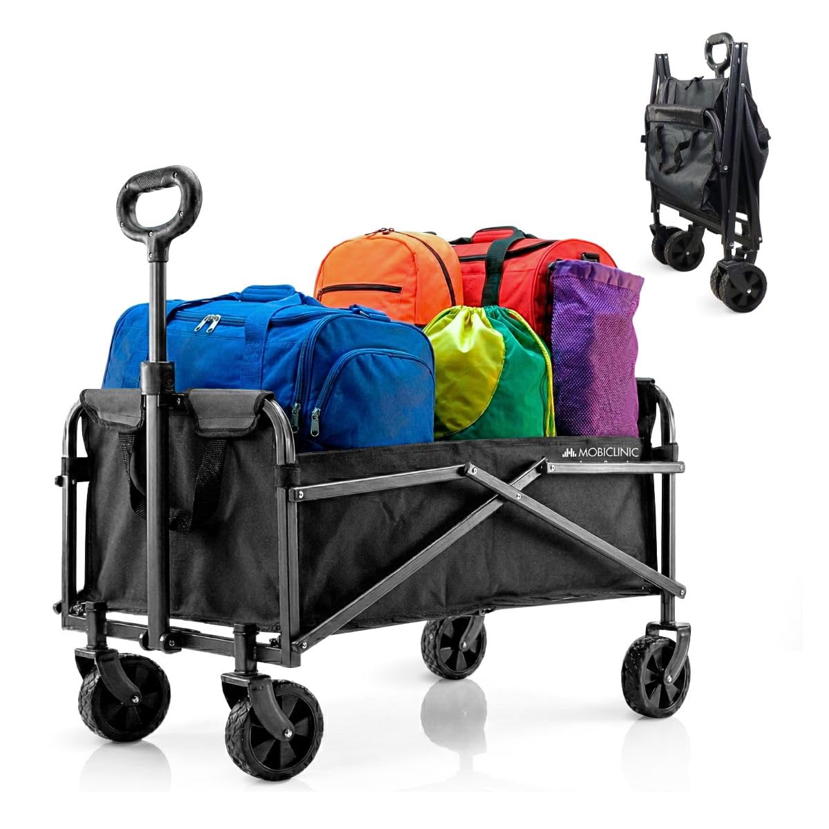 Mobiclinic®, Składany wózek transportowy, Na plażę i do ogrodu, Duna basic, Regulowana rączka, 360º terenowe koł, Nośność 80 kg, 71x47x50cm, Wodoodporny, Stal, Pcv, Czarny