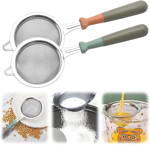 LANWHO 【2個セット】ストレーナー 304 ステンレススチール製 9×26cm サイズ 手持ち式 細かいメッシュ 小麦粉・砂糖ふるい最適 水切り・洗浄兼用 調理・製菓・パスタ・穀物・麺類対応 取っ手付き 使い易い お手入れ簡単 保管便利 キッチン 道