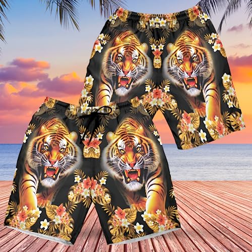 Tiger Men's Swim Trunks - Tropical Tiger Hawaiian Shorts for Men, Men's Summer Bathing Shorts Set 022