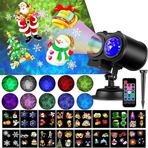 Halloween Slide Show Outdoor Holiday Projector, 2 in 1 Water Wave Outside Projector Lights Christmas with Dynamic 16 HD Patterns for House, Garden, Yard, Xmas, New Year, Thanksgiving Day