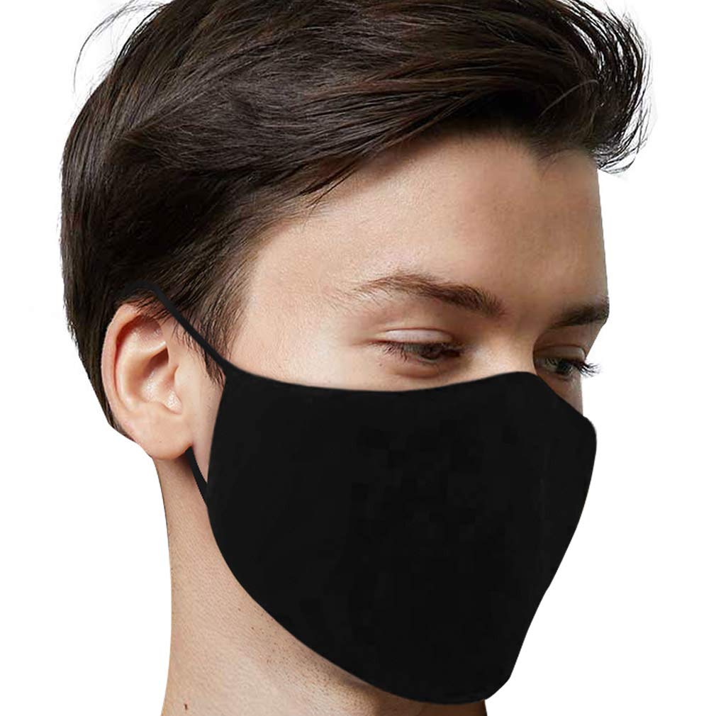 Reusable Black Cotton Face Covering for Men Women Washable Fabric Covering on Mouth Nose with Adjustable Earloops Unisex 2 Pack