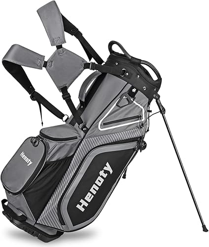 Henoty Bolsa de golf con divisores superiores de 14 vías, ergonómica, ligera, con soporte, 8 bolsillos, bolsa refrigeradora, cubierta antipolvo,