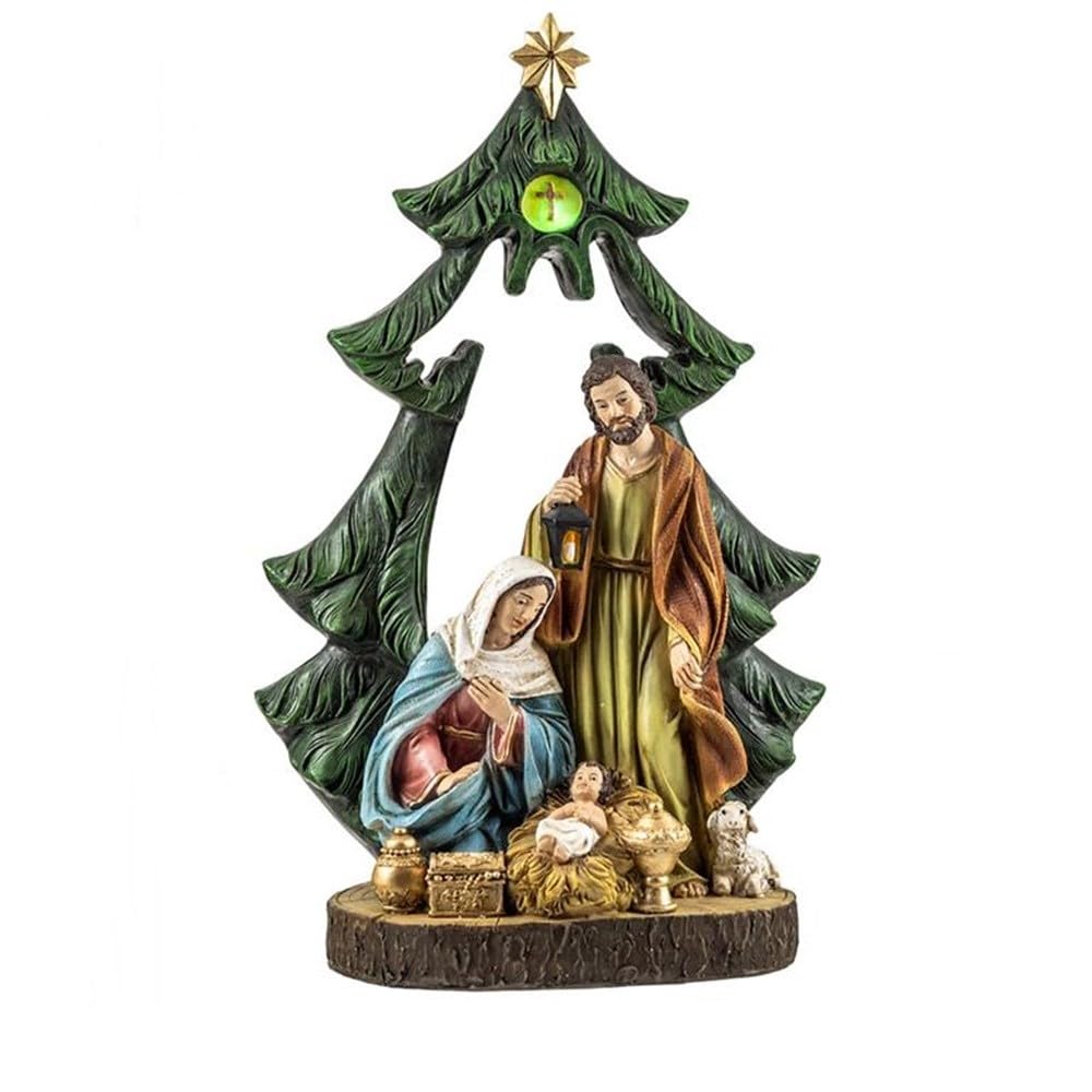 Nacimiento Misterio Belén con luz Figura 31cm. árbol Navidad Resina Niño Jesús San José Virgen María