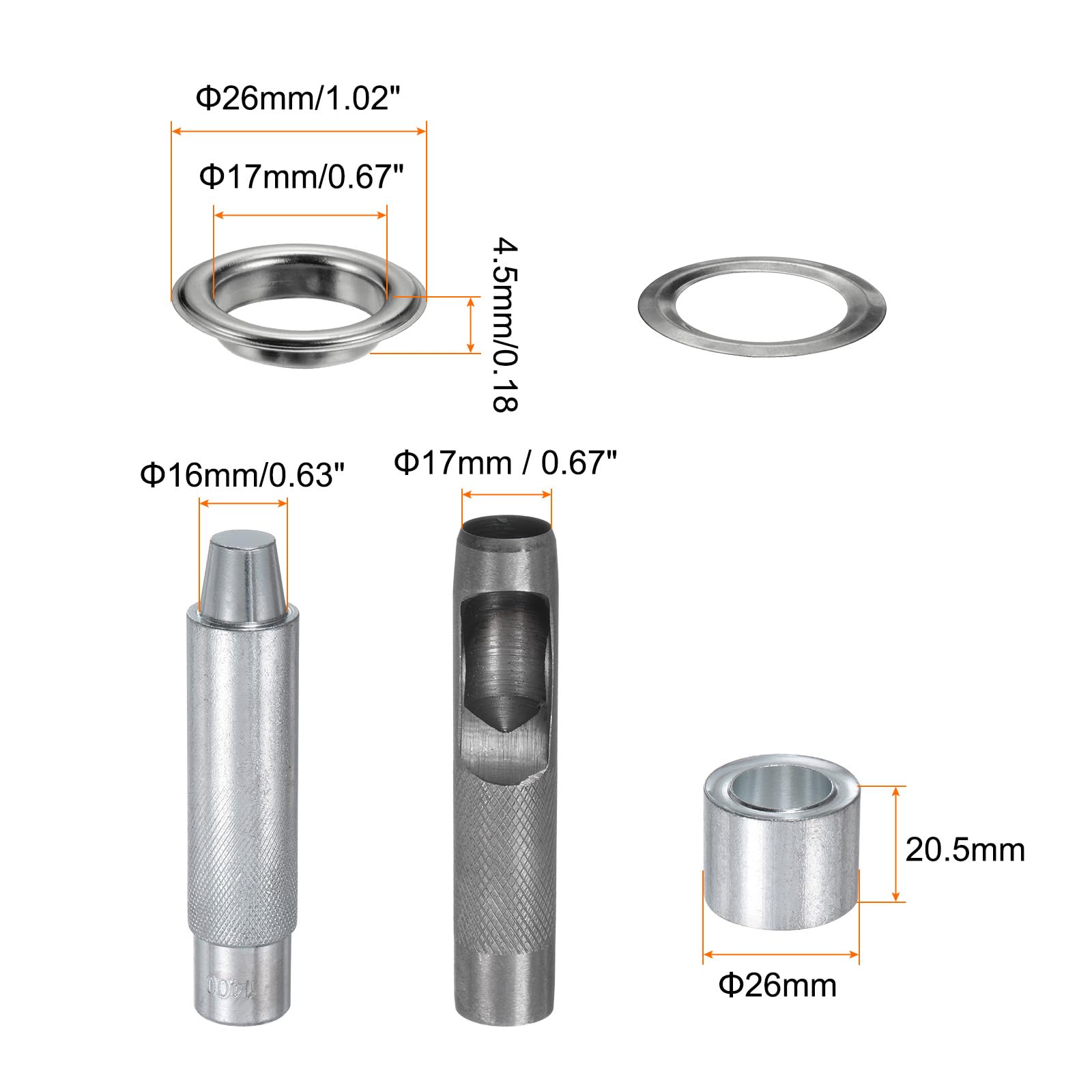 QUARKZMAN 100Pcs Kit d'Outils pour Œillets en Cuivre de 17 mm avec Poinçon Creux, Outils de Pose d'Œillets pour Vêtements en Cuir, Tissu, Ceinture, Couleur Argentée