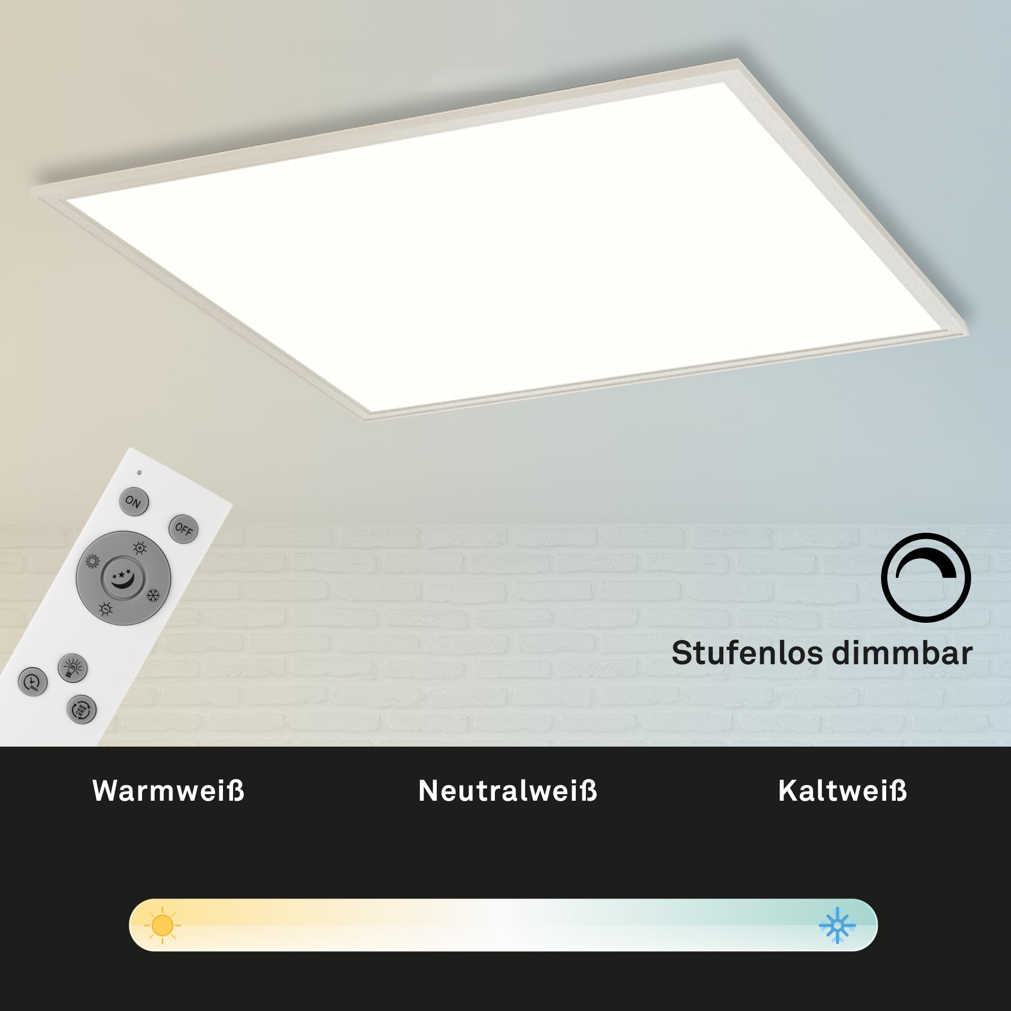 BRILONER - LED Deckenlampe mit Fernbedienung, flach, einstellbar von warmweiß bis kaltweiß, Lampe, Deckenleuchte, Wohnzimmerlampe, LED Panel, Schlafzimmerlampe, 59,5x59,5x6,5 cm, Weiß