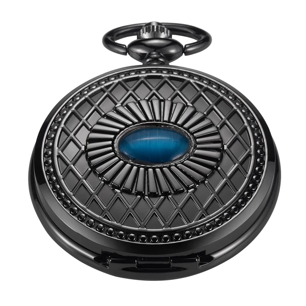 Tiong No Battery Black Style Mechanical Pocket Watch, Vintage Mechanical Pocket Watches Roman Numerals with Case and Chain for Men Ma004