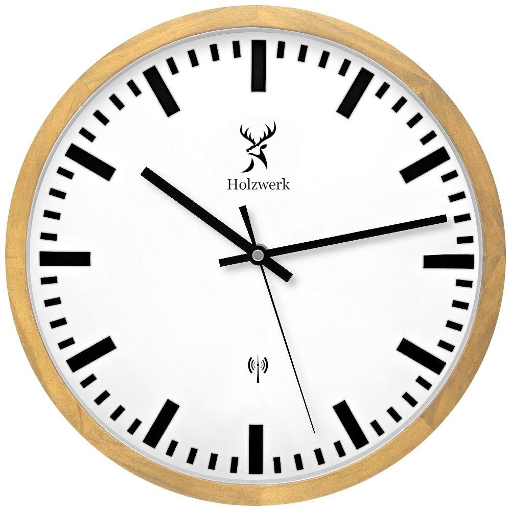 Holzwerk Germany Natur Funkwanduhr Funk Wanduhr Holz-Uhr Retro Vintage Funkuhr lautloses Uhrwerk ohne Tickgeräusche Braun Weiß Massive Buche lautlos aus handgefertigtem Massivholz Natur Holz 30 cm
