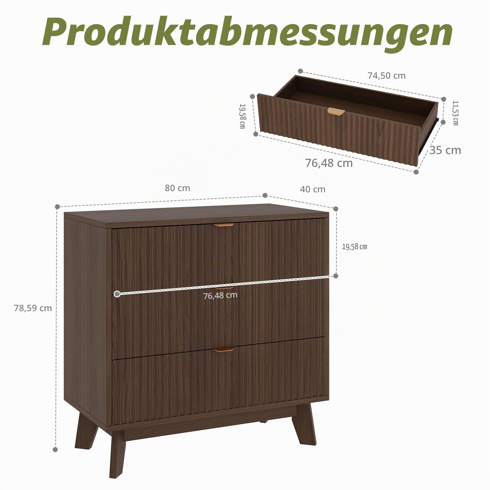 GarveeHome 3-Schubladen-Kommode, Geriffelte Dunkelbraun Holz-Optik, Moderner Mid-Century Stil, Robuster Holzwerkstoff, Für Schlafzimmer & Wohnzimmer, Größe 80 x 40 x 78 cm