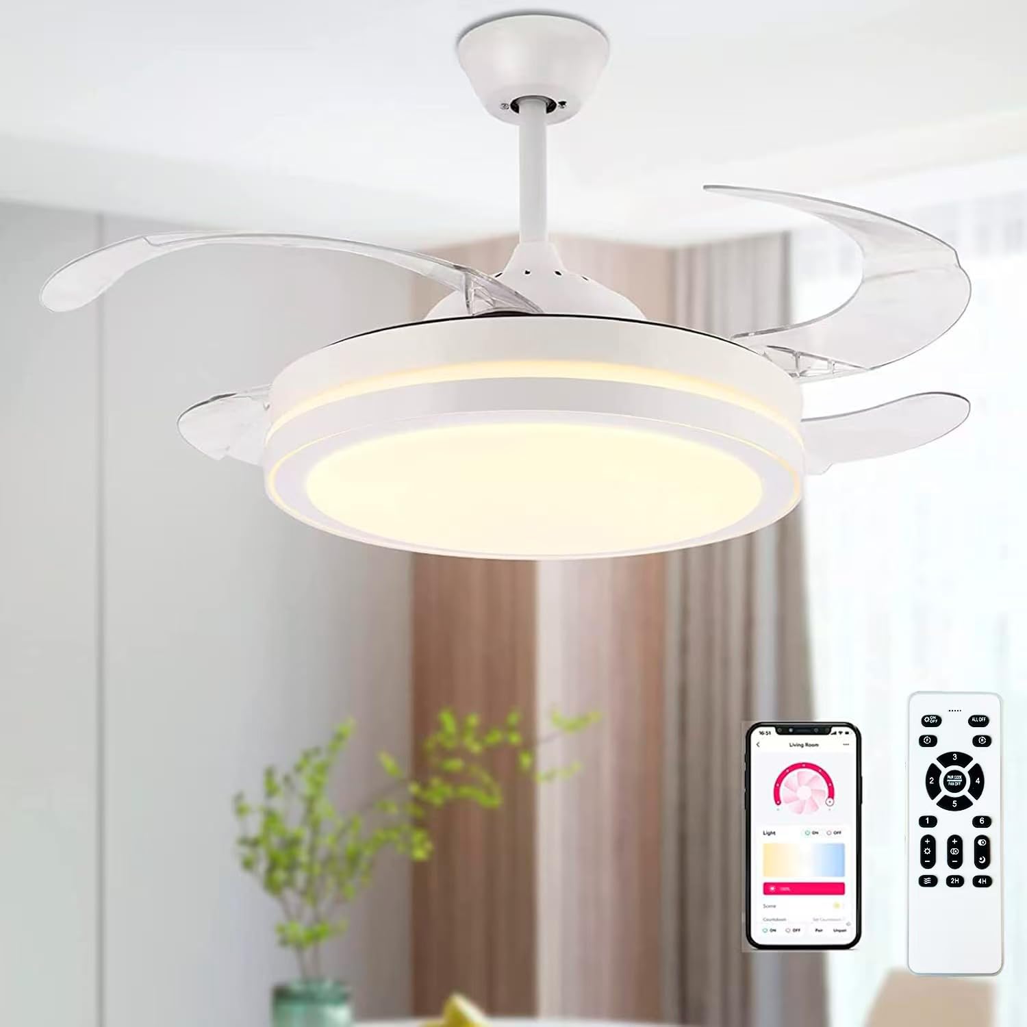 wisdom line Ventilador de techo retráctil 107 cm, luz LED con mando a distancia, 3 temperaturas de color con función de memoria, motor DC para dormitorio y salón