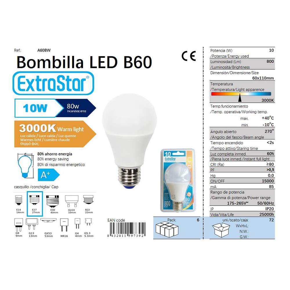 LED-Leuchtmittel Kugelform E27 10 W Warmweiß Packung 12 TODO HOGAR