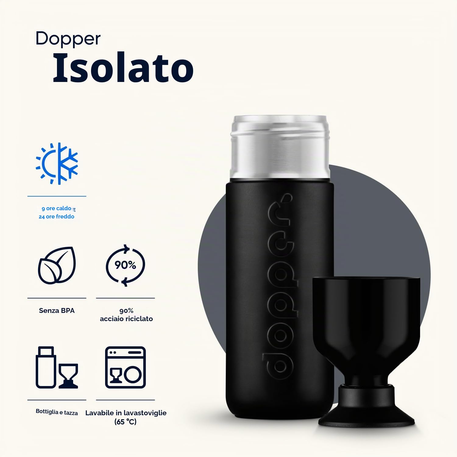 Dopper Insulated thermos bottle 350ml, 580ml, 1L - Stainless steel drinking bottle - Coffee mug to go - Thermo mug for coffee, tea - Double-walled, leak-proof, keeps cold for 24h / hot for 9h