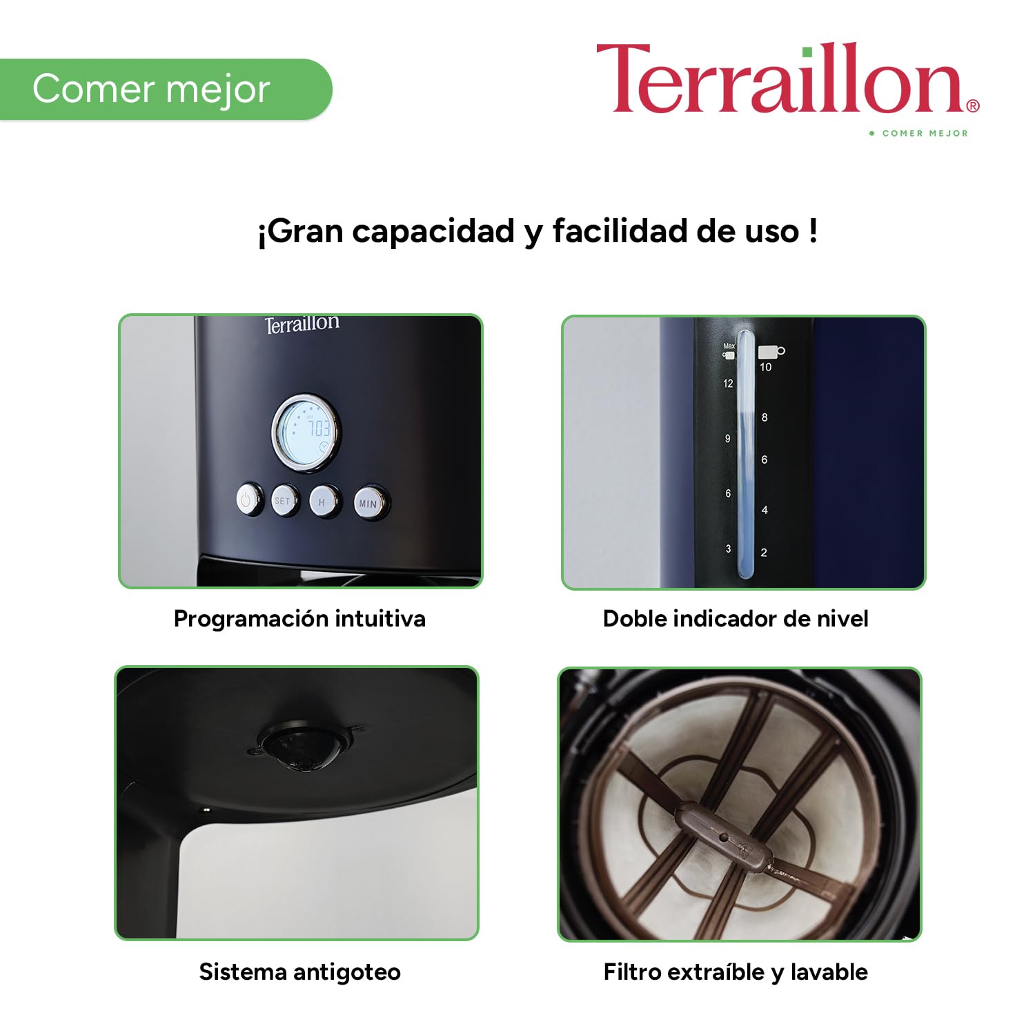 Terraillon - Cafetera de filtro eléctrico, programable, jarra de cristal, 1080 W, capacidad 1,25 L, mantenimiento caliente, función antigoteo, filtro extraíble, cuerpo de acero inoxidable pintado