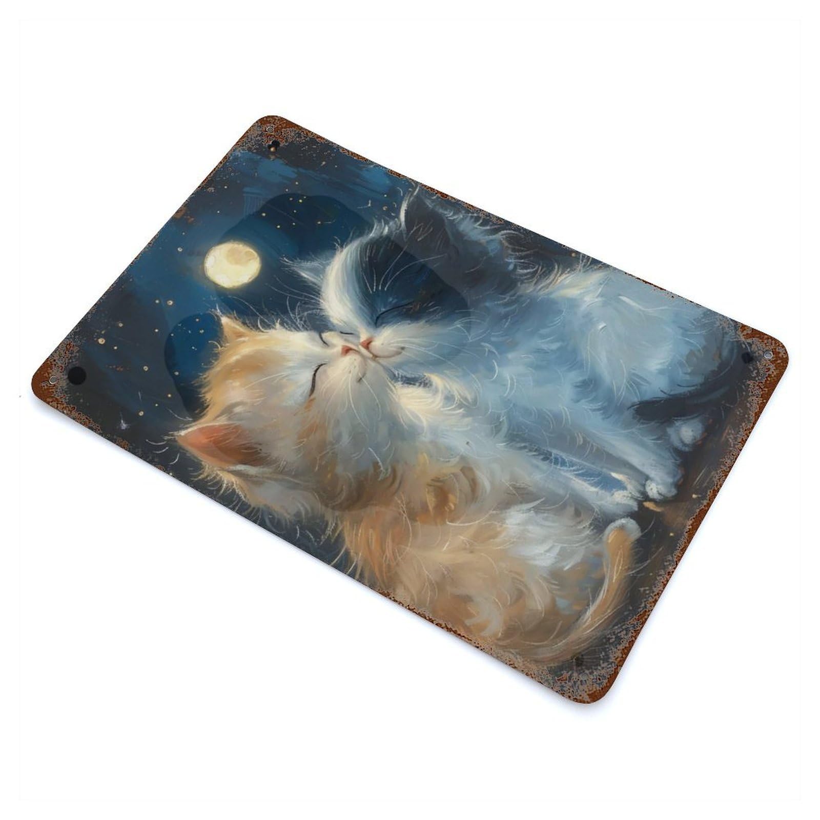 Rust Effect Moonlight Meowance Distressed Metal Wall Sign 11.8"x7.9", Decorative Metal Wall Art for Living Room, Hallway And Home Decor