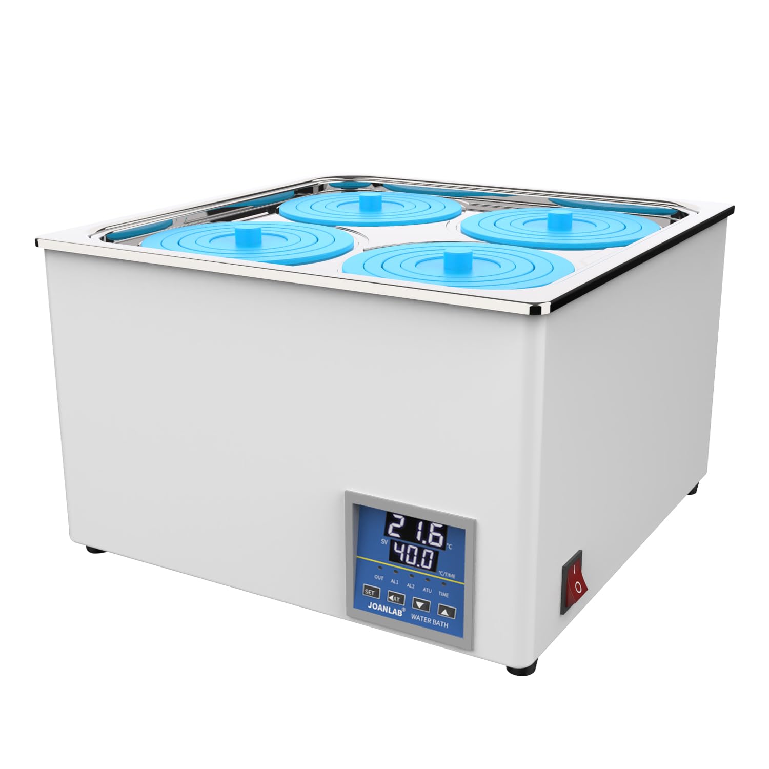 JOANLAB Bagnomaria da Laboratorio 12L, 800W - Quattro Aperture, Acciaio Inox - Termostato Digitale ±0,1°C - Timer 0-99 Min - Display LED