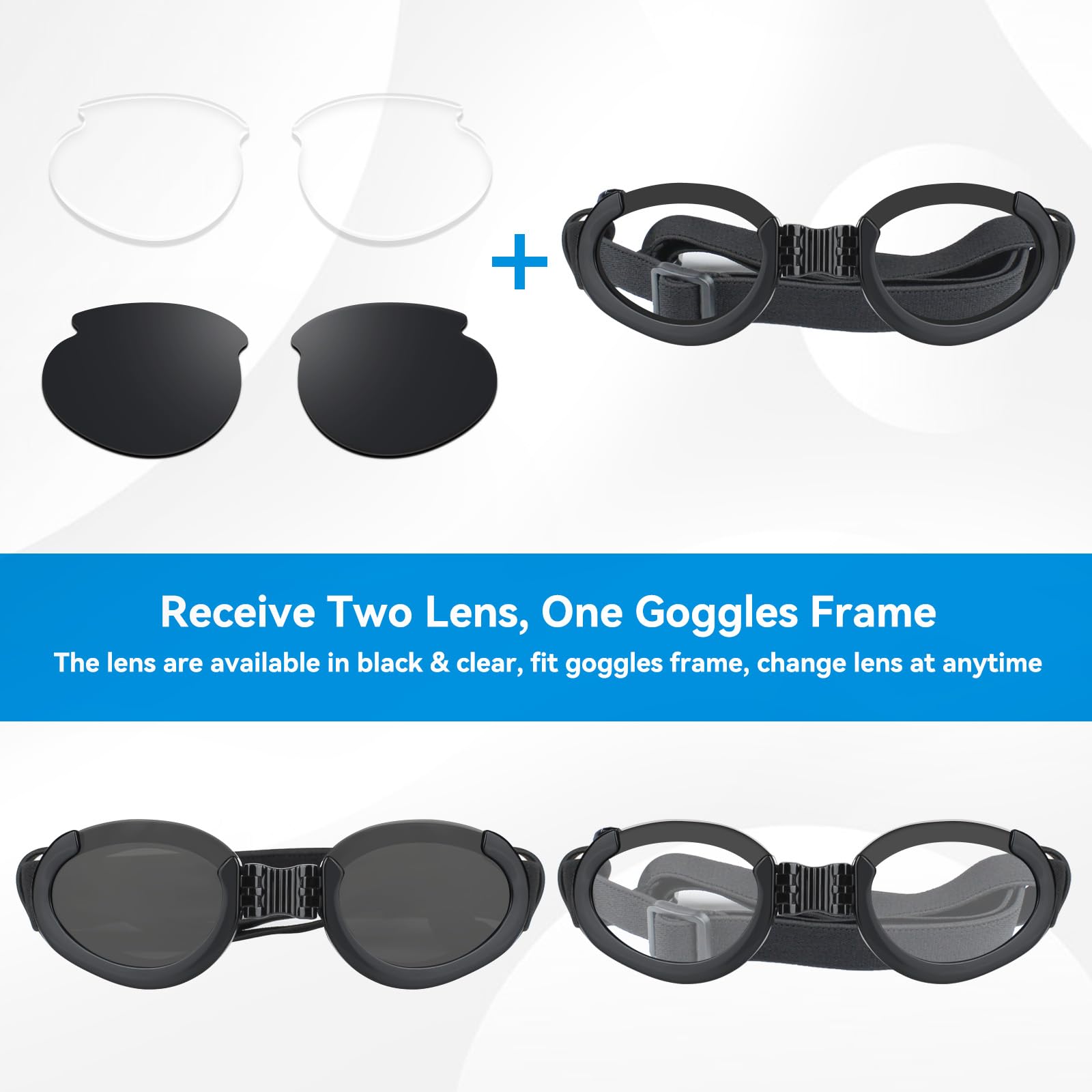Lesypet Lunettes de soleil pour chien avec verres remplaçables pour chiens de taille moyenne et grande - Anti-UV - Protection contre le vent - Pour l'extérieur, la moto, la conduite, la protection des
