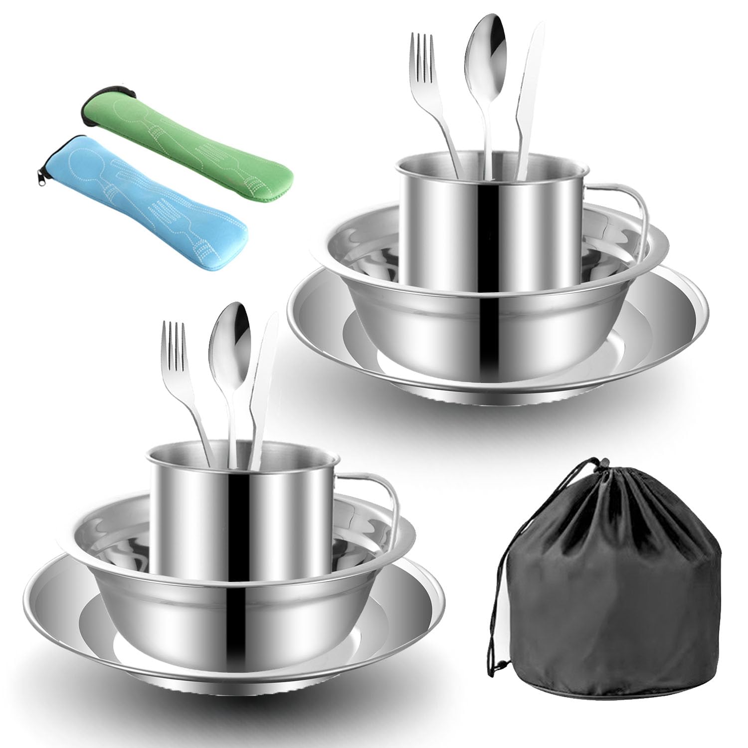 Vajilla Camping,Vajilla de Acero Inoxidable,con Placa Tazon Tenedor Cuchara Cuchillo y Bolsa de Red,para Autocaravana,pícnic,Viajes,Aire Libre