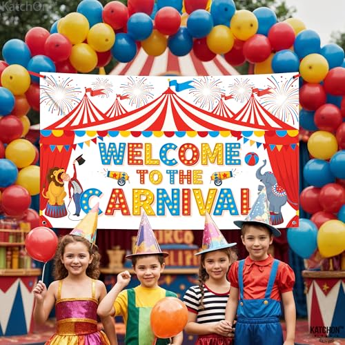 Image of Welcome To The Carnival Backdrop - 72x44 Inch | Carnival Theme Party Decorations | Circus Party Decorations for Birthday Carnival Games for Kids, Carnival Decorations for Carnival Party, KatchOn