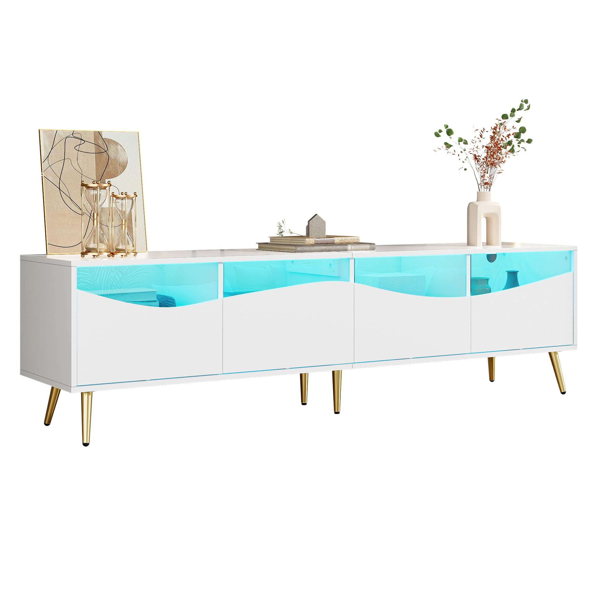 Meuble TV 180 cm avec LED, façade en verre, espace de rangement et pieds en métal doré, blanc pour salon