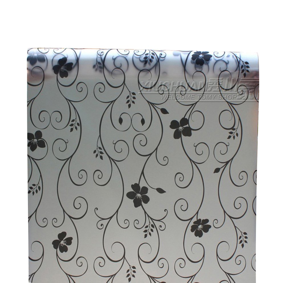 24“X79”Frosted Privacy Glass Film Static with Glue Cling Window Film Black Iron Flowers Frosted Stained Glass Stickers