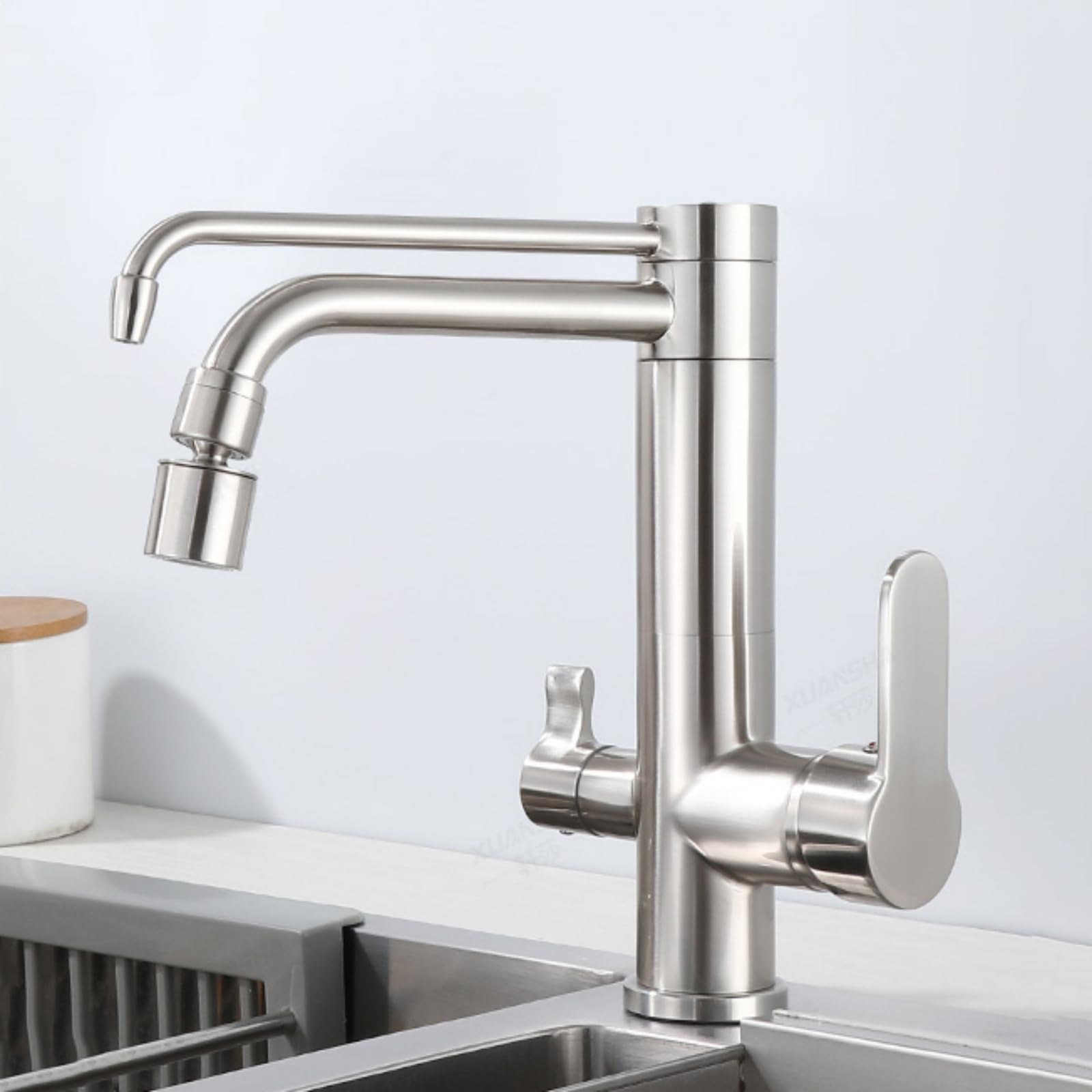 GLETSF 3-Way Kitchen Waterap - Stainless Steel Mixer Faucet with Swivel Spout 2 Water Outlets Brushed Finish Ideal Drinking Water Solution for Sinks,