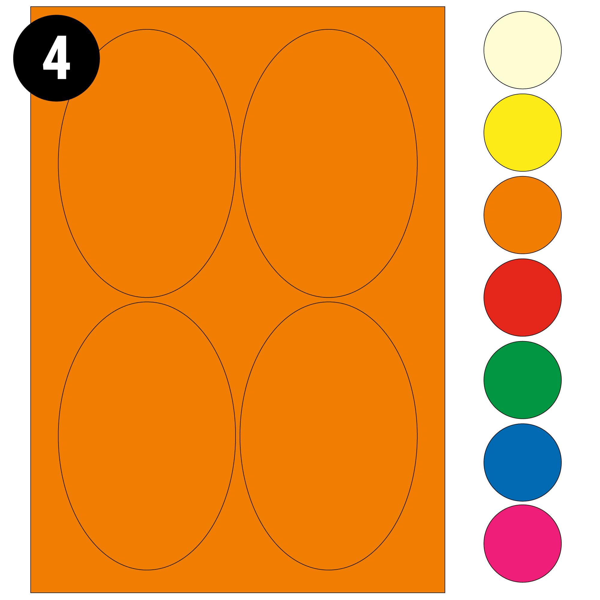 L&B Colour Range - Oval Labels – 3 Sizes & 7 Vibrant Colors – A4 Sheet – Compatible with Laser & Inkjet Printers (Orange, 4 Labels Per Sheet - 100 Sheets)